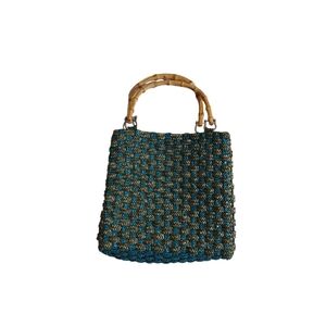 Chic Teal Woven Tote with Bamboo Handle